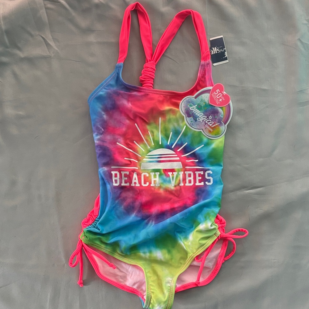 btween Tie-Dye "Beach Vibes" One-Piece Swimsuit - Neon Pink Straps